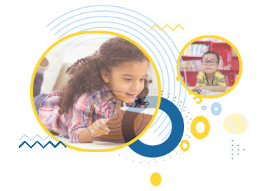 young black girl reading a book next to a young Asian boy with thick black glasses in front of shelves of books